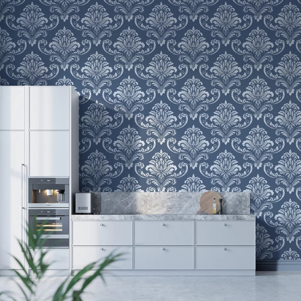 Navy and slate blue damask wallpaper with ornate baroque motifs in modern kitchen setting