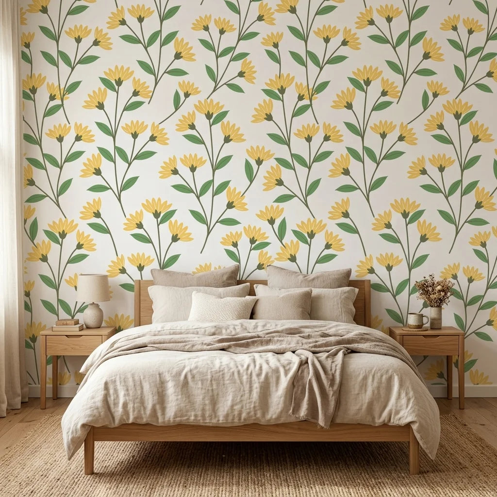Meadow Light yellow floral peel and stick wallpaper adding character to a cozy bedroom