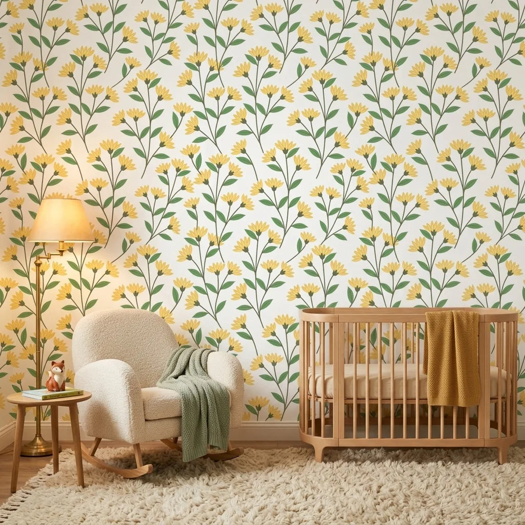 Meadow Light yellow floral peel and stick wallpaper bringing warmth to a peaceful nursery