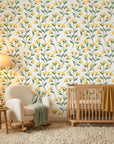 Meadow Light yellow floral peel and stick wallpaper bringing warmth to a peaceful nursery