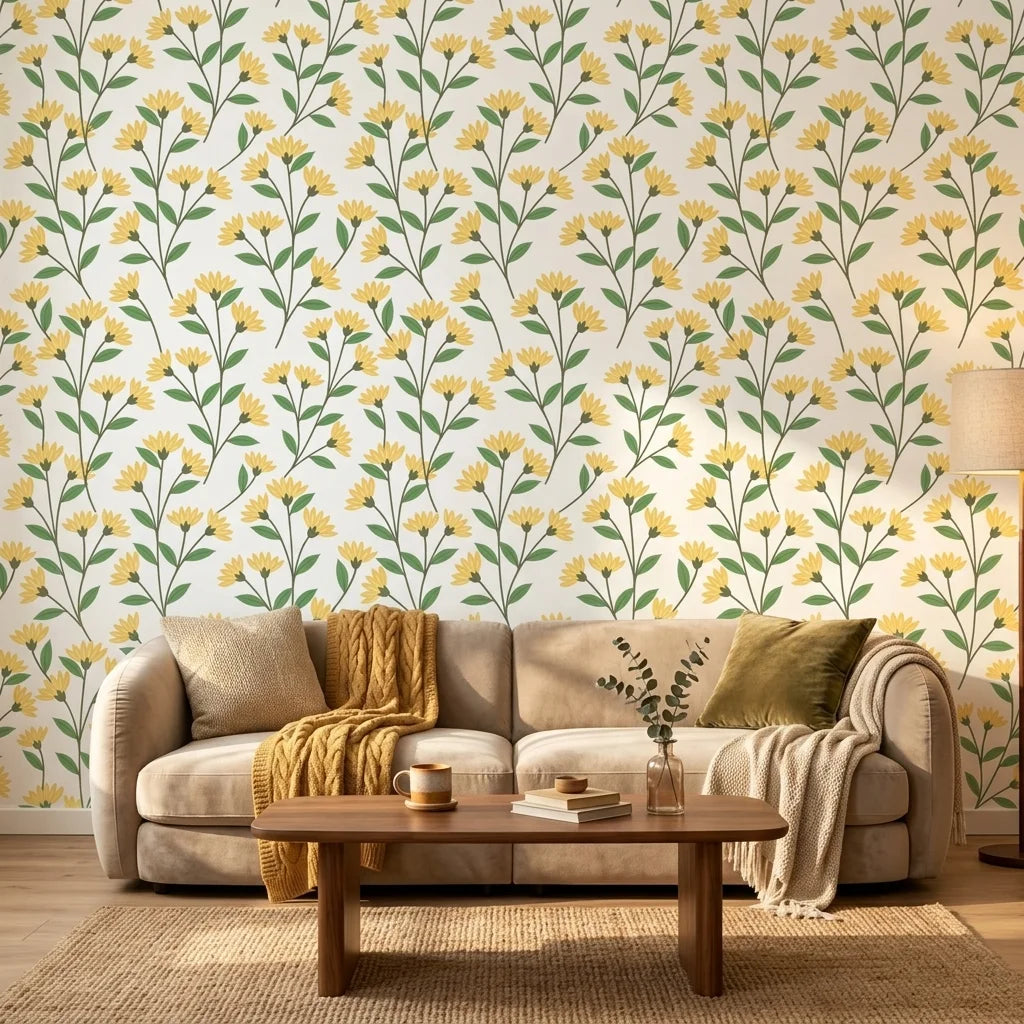 Meadow Light yellow floral peel and stick wallpaper in a warm and inviting living room
