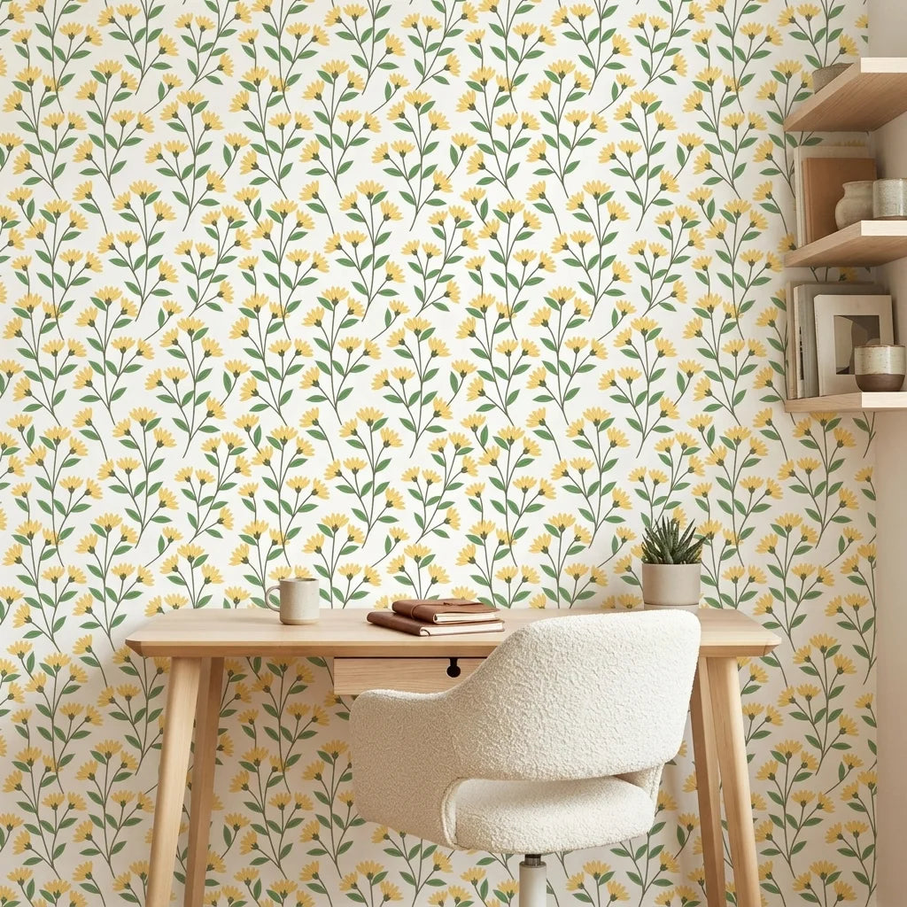 Meadow Light yellow floral peel and stick wallpaper as a feature wall in a bright home office