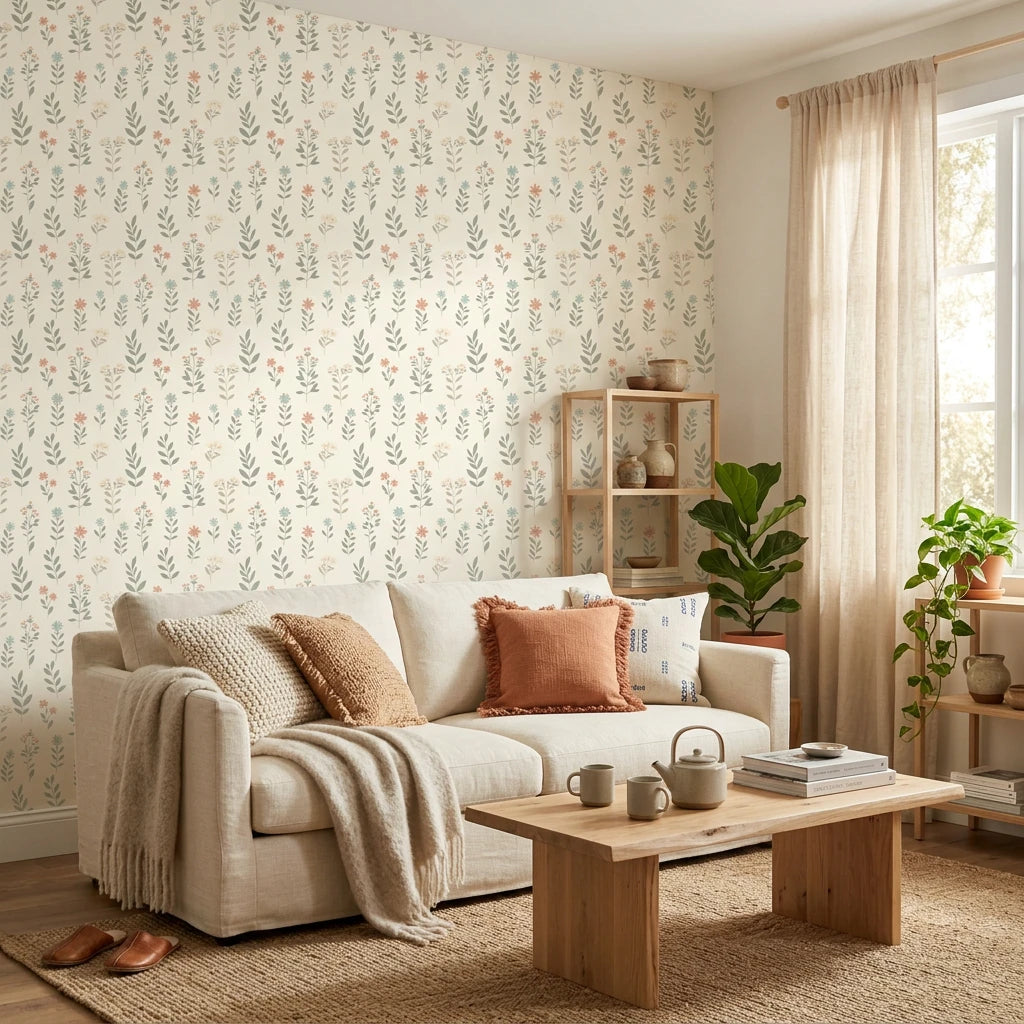 Meadow Song serene botanical wildflower wallpaper in a warm and inviting living room