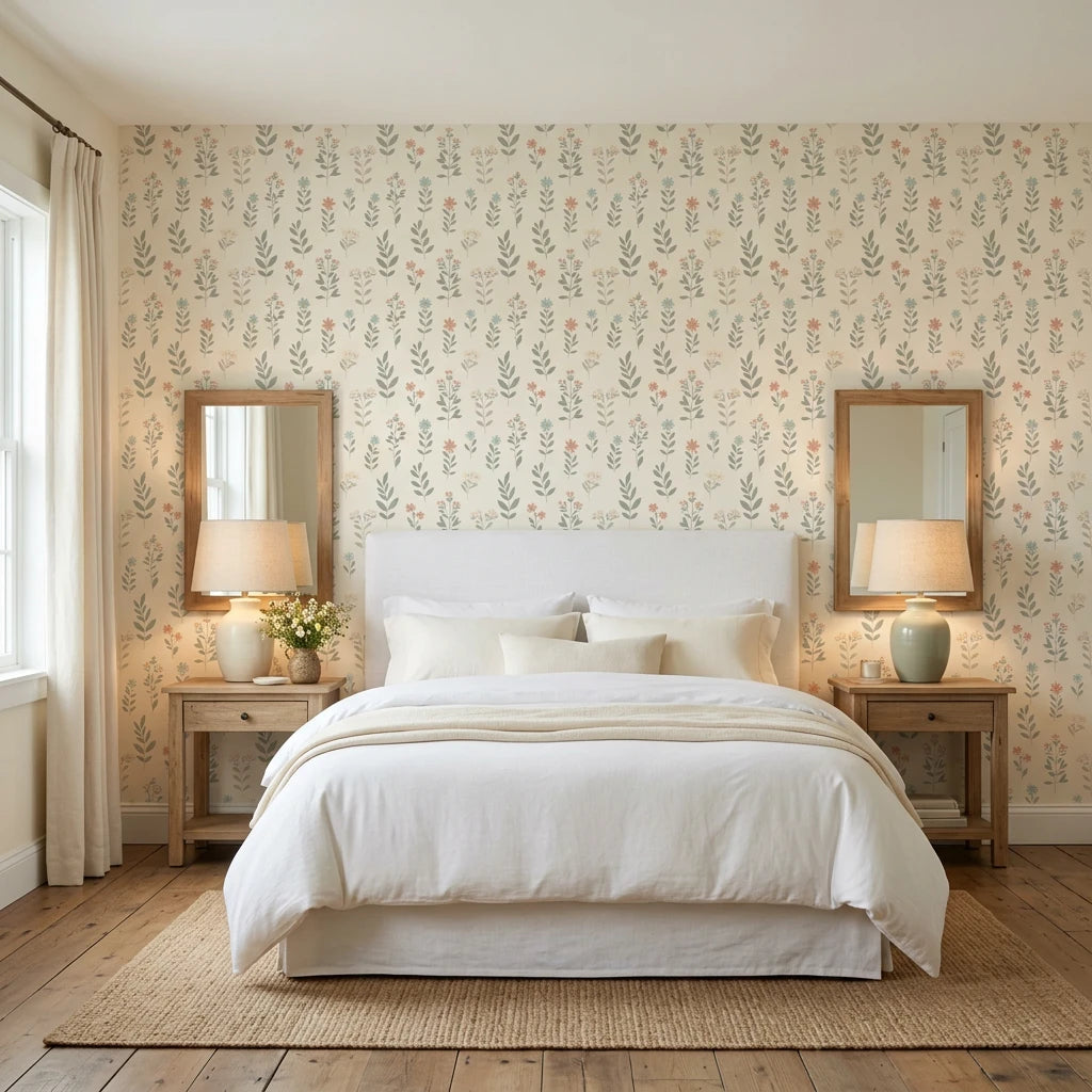 Meadow Song serene botanical wildflower wallpaper adding character to a cozy bedroom