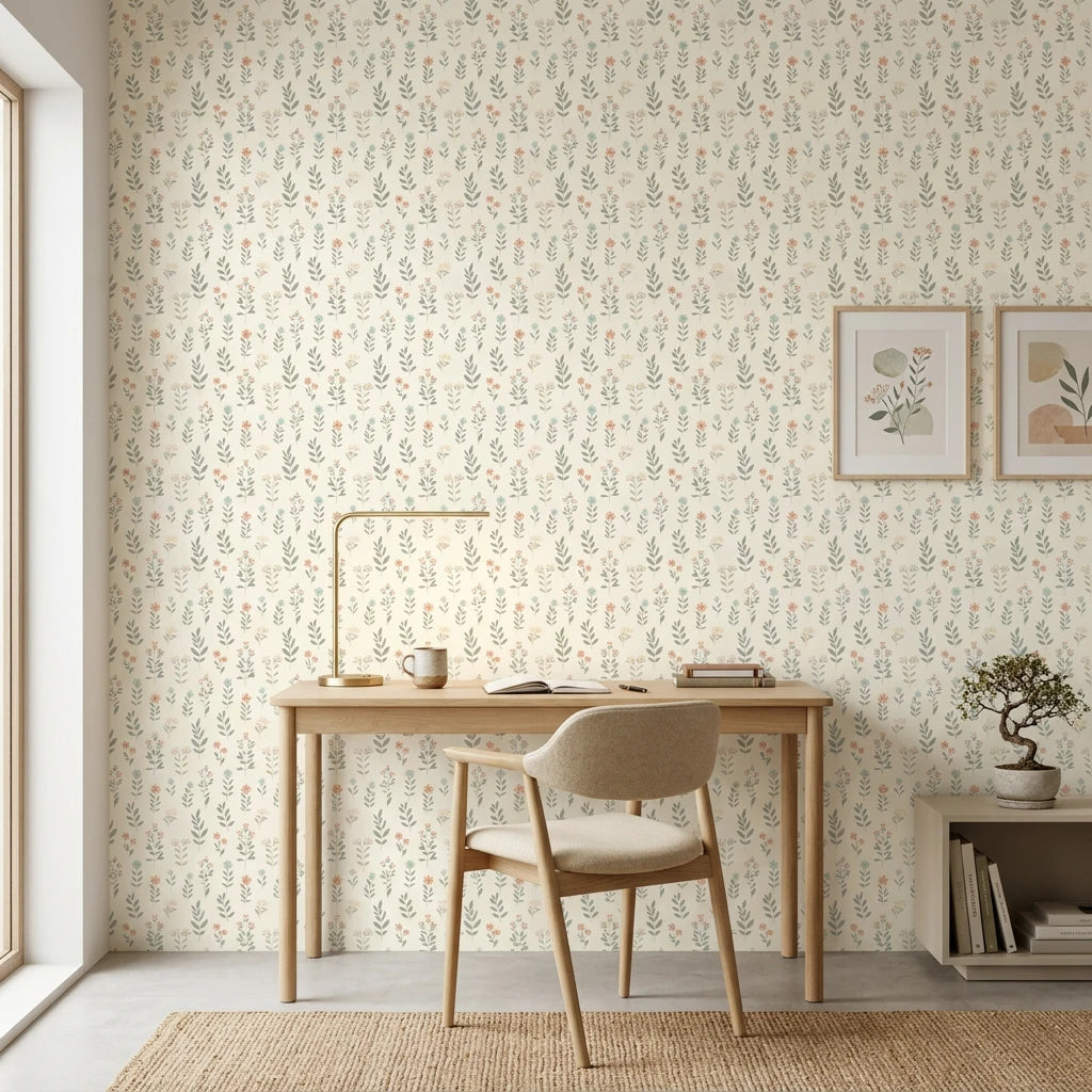 Meadow Song serene botanical wildflower wallpaper as a feature wall in a bright home office