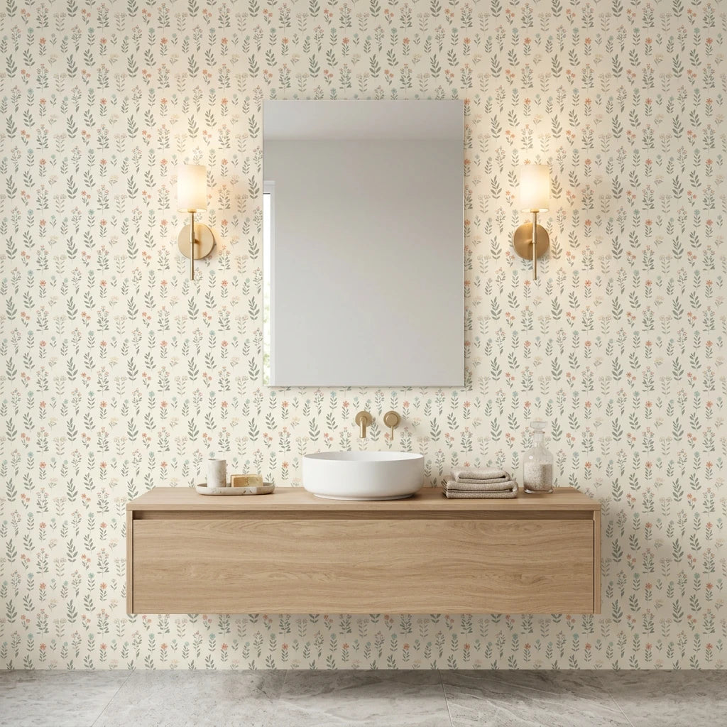 Meadow Song serene botanical wildflower wallpaper creating ambiance in a serene bathroom