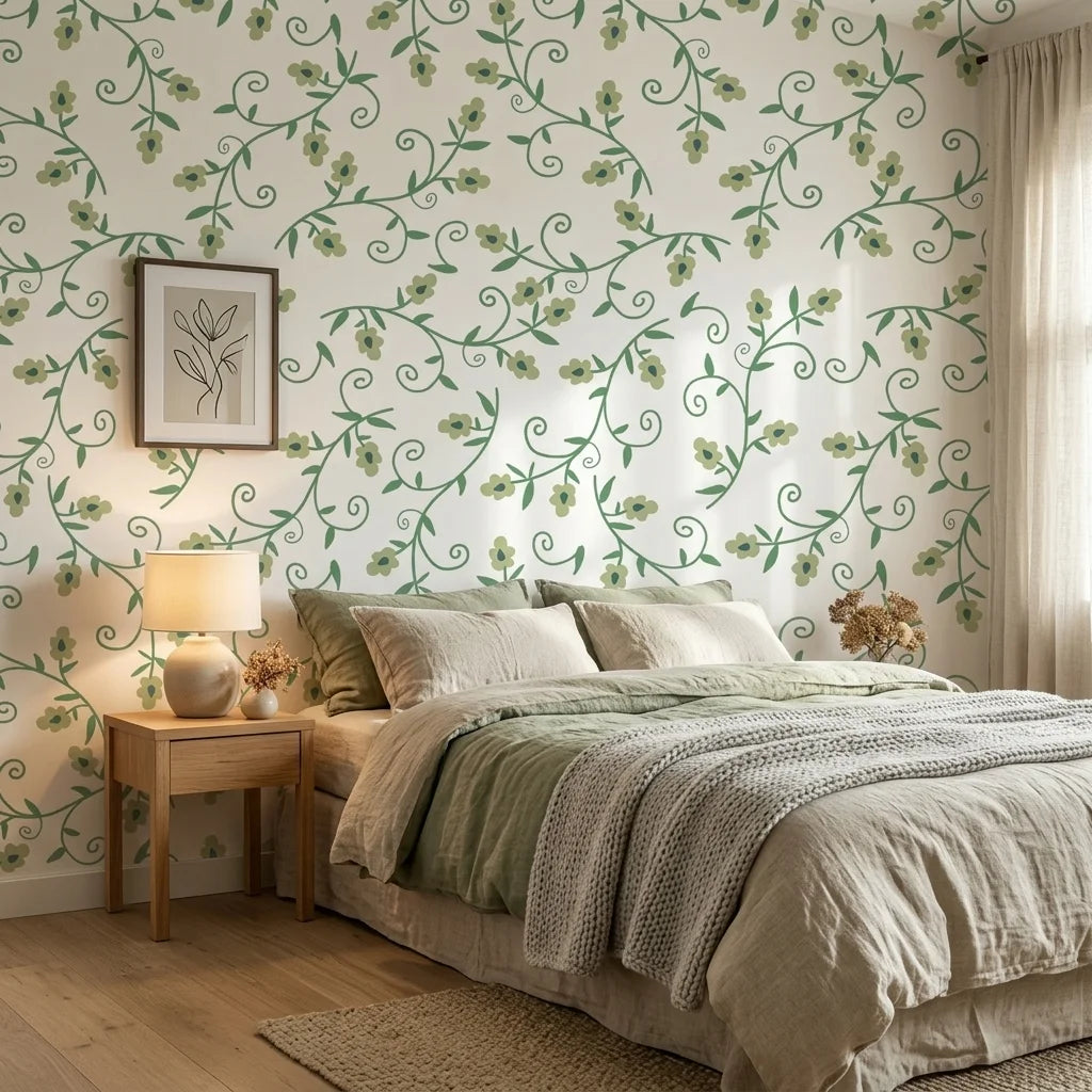 Meadow Wander green floral peel and stick wallpaper adding character to a cozy bedroom