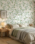 Meadow Wander green floral peel and stick wallpaper adding character to a cozy bedroom