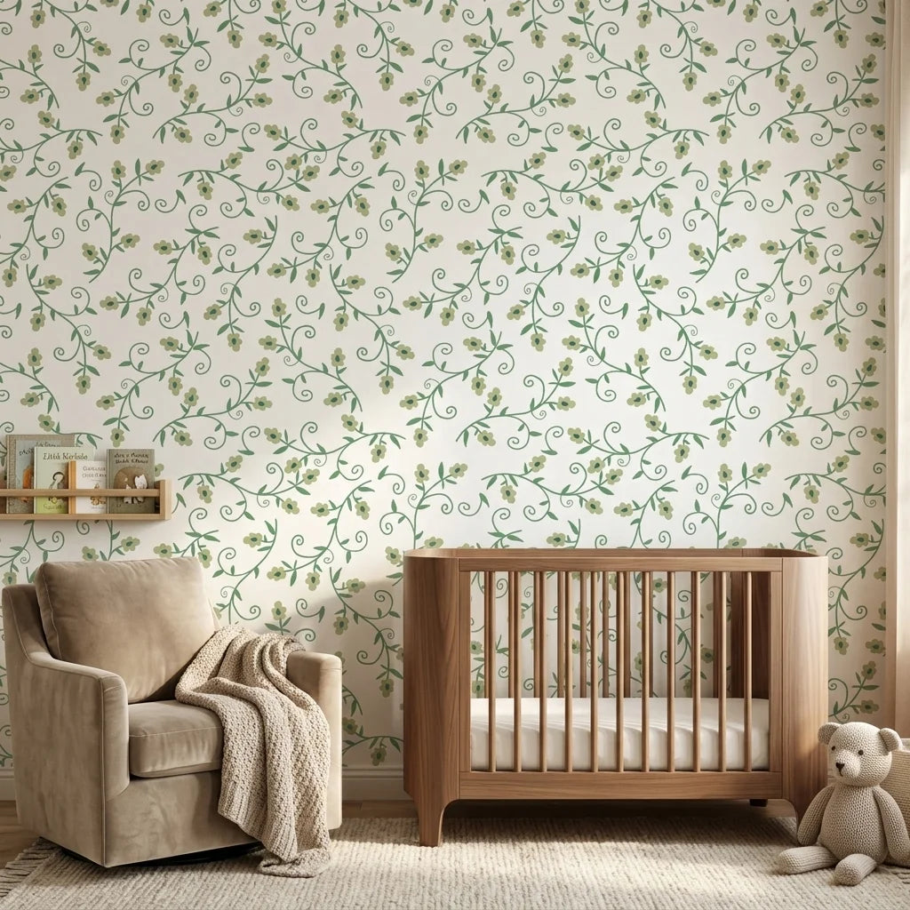 Meadow Wander green floral peel and stick wallpaper bringing warmth to a peaceful nursery