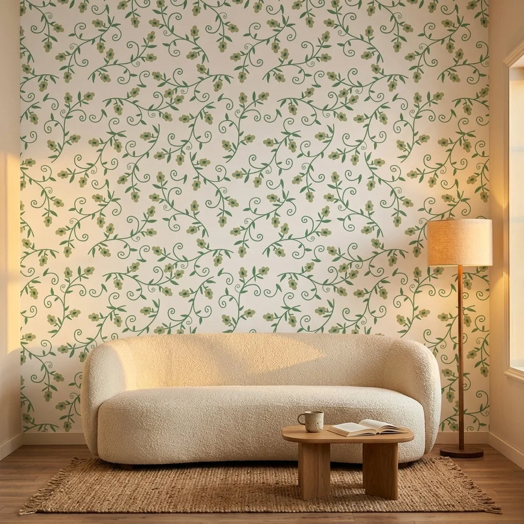 Meadow Wander green floral peel and stick wallpaper in a warm and inviting living room