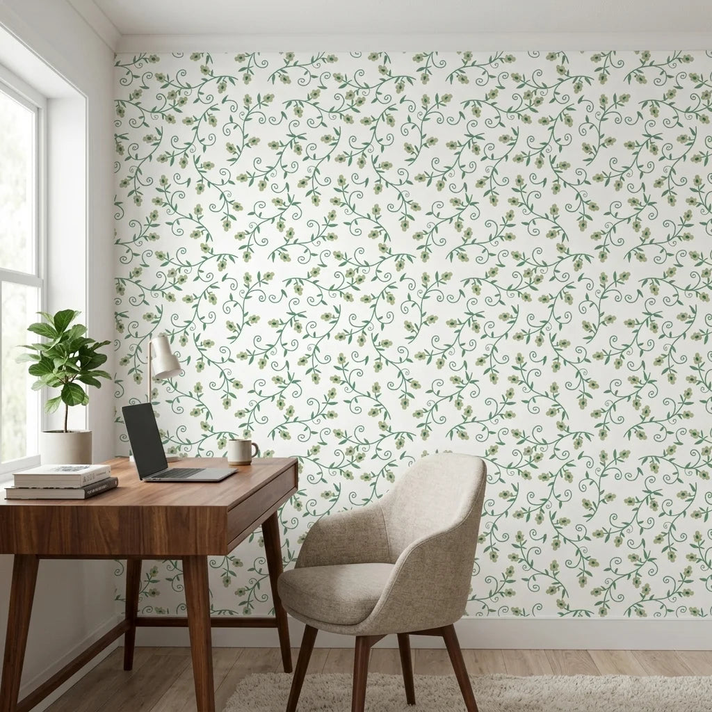 Meadow Wander green floral peel and stick wallpaper as a feature wall in a bright home office