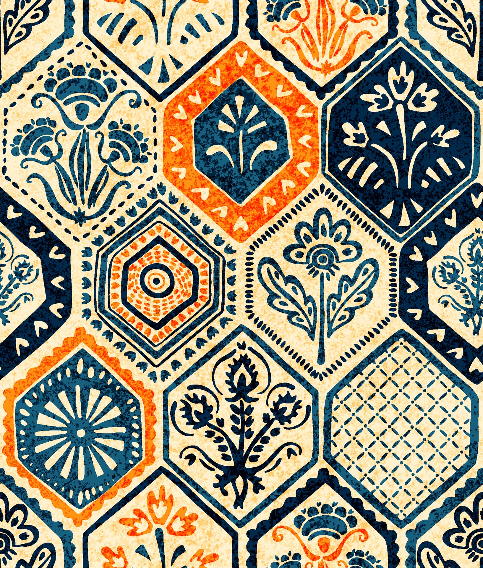 Vintage hexagon tile wallpaper with hand printed floral motifs in navy blue, warm orange, and cream tones.