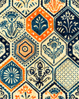 Vintage hexagon tile wallpaper with hand printed floral motifs in navy blue, warm orange, and cream tones.