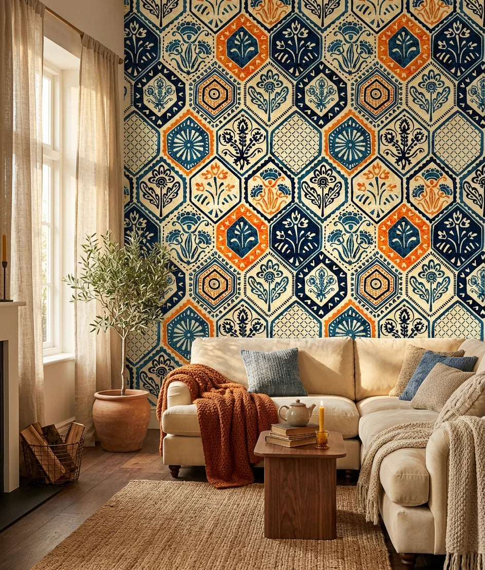 Medina Mosaic exotic tile wallpaper in a warm and inviting living room