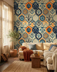 Medina Mosaic exotic tile wallpaper in a warm and inviting living room