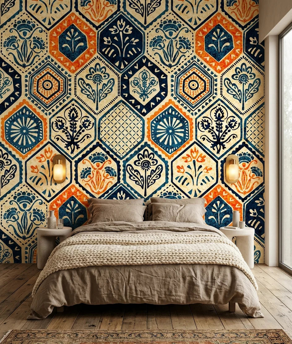 Medina Mosaic exotic tile wallpaper adding character to a cozy bedroom