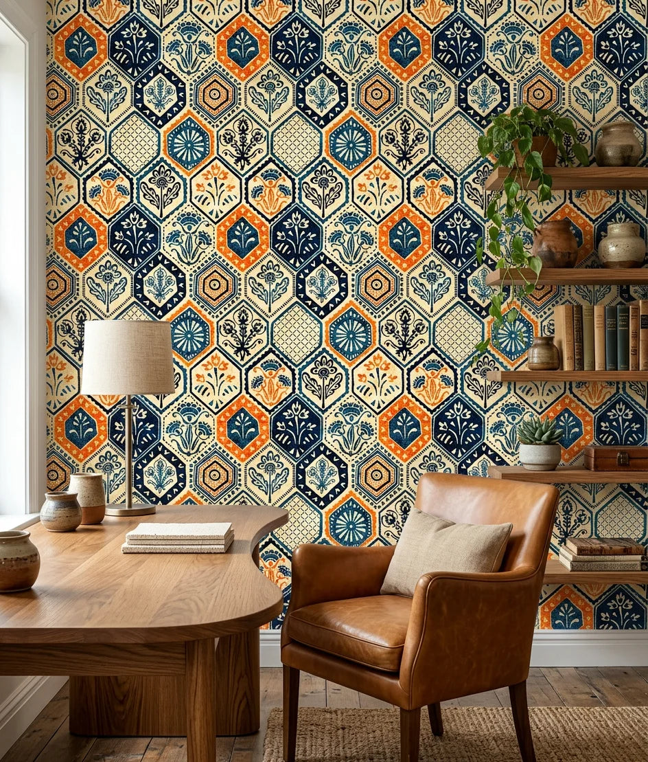 Medina Mosaic exotic tile wallpaper as a feature wall in a bright home office
