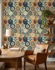 Medina Mosaic exotic tile wallpaper as a feature wall in a bright home office