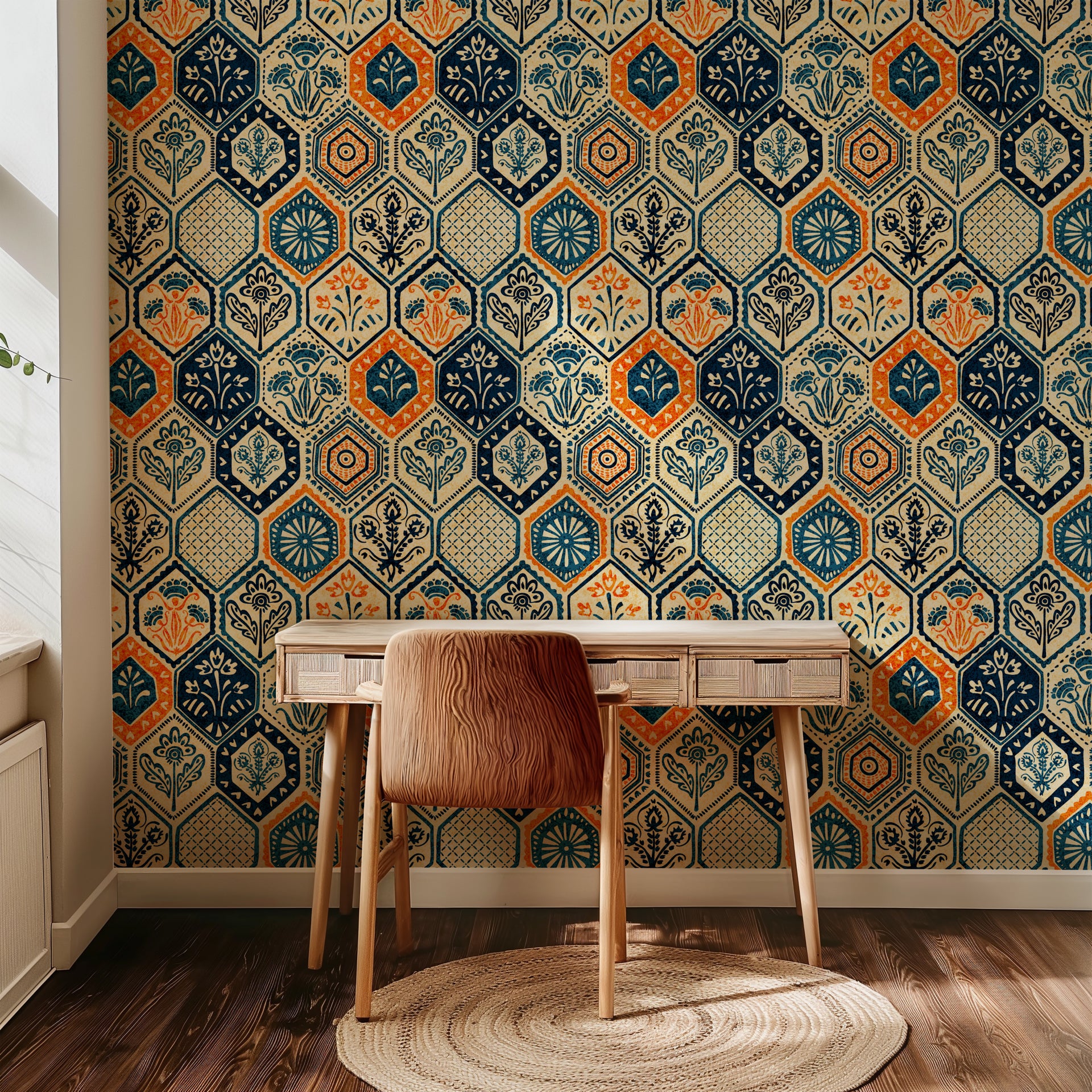 Vintage hexagon tile wallpaper with hand printed floral motifs in navy blue, warm orange, and cream tones.