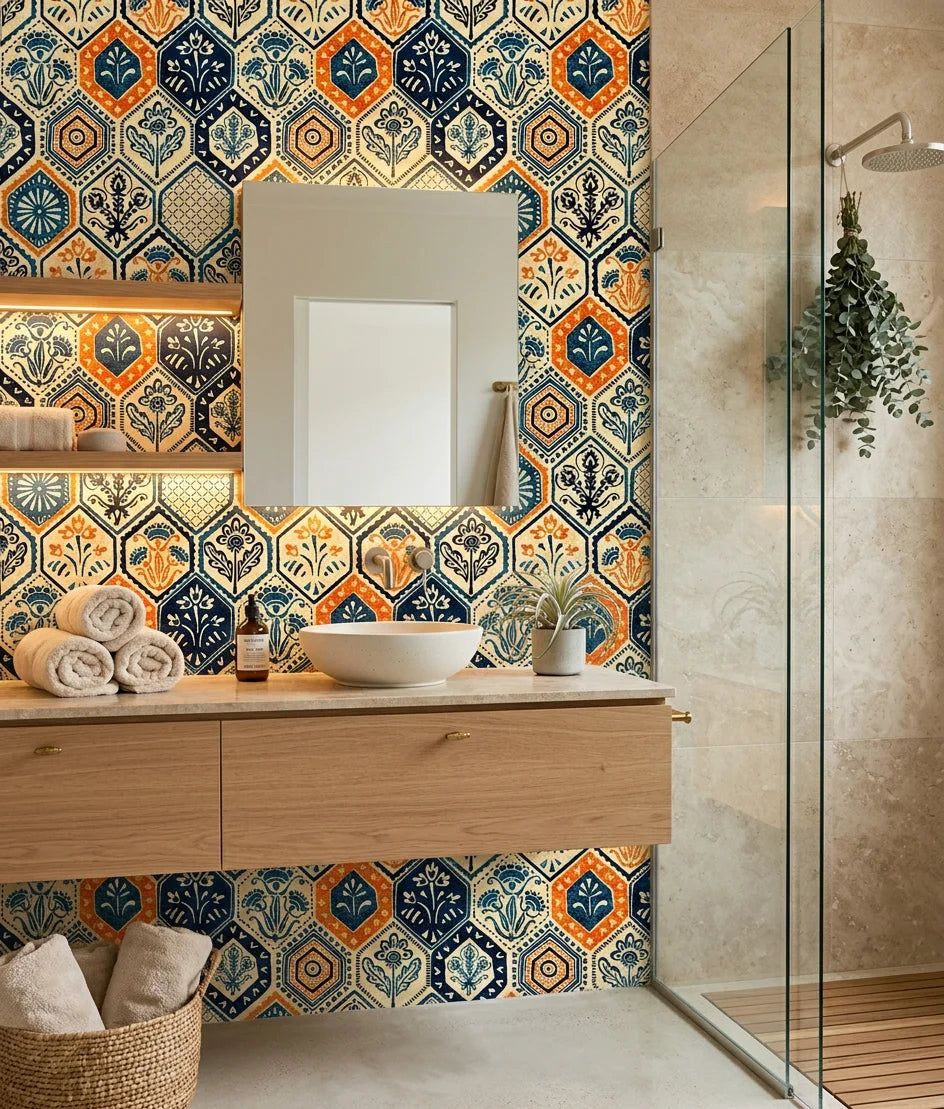 Medina Mosaic exotic tile wallpaper creating ambiance in a serene bathroom