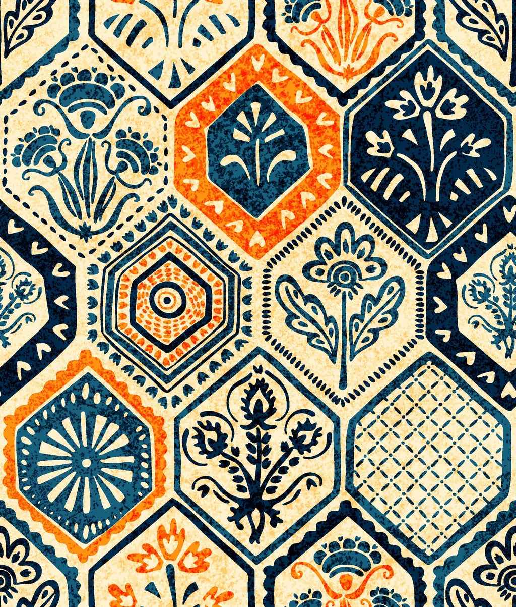 Hexagonal tile wallpaper featuring hand-drawn navy, orange, and cream floral designs, rendered in a vintage style