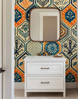 Decorative vintage wall sheeting detailed with cream, warm orange, and navy floral patterns overlaid on a hexagon tile structure