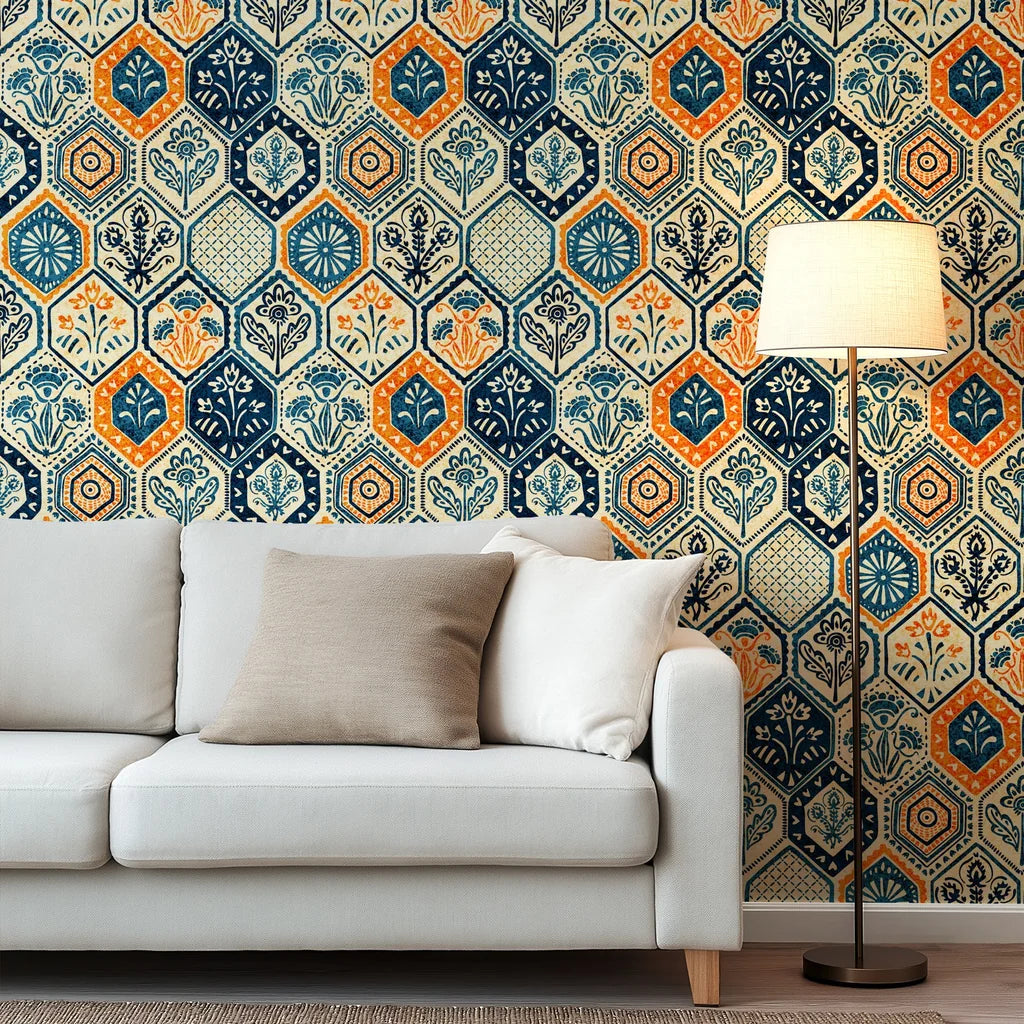 Hand-printed floral designs adorn this vintage wall covering set on a navy blue, cream, and warm orange six-sided tile background