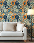 Hand-printed floral designs adorn this vintage wall covering set on a navy blue, cream, and warm orange six-sided tile background