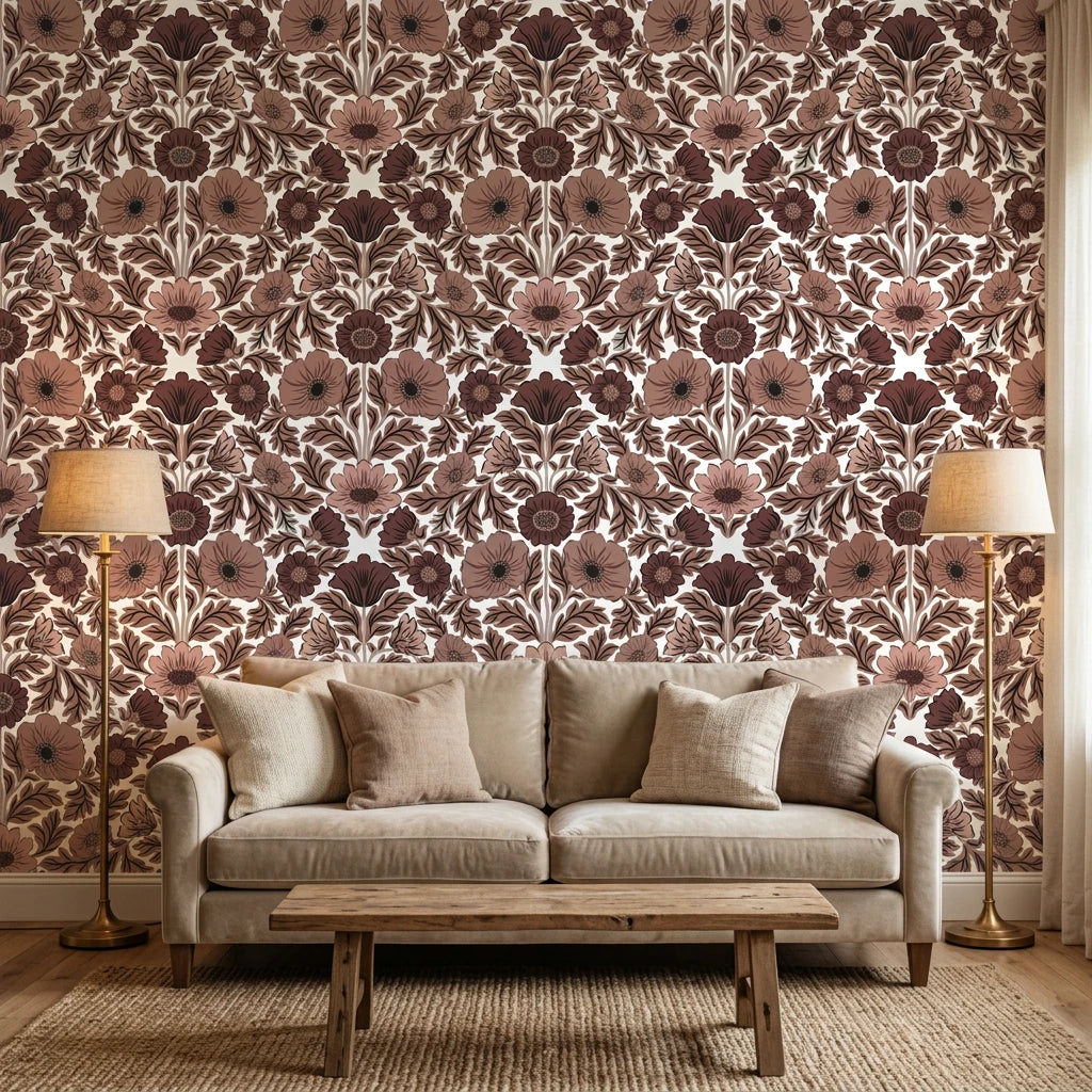 Merlot Garden rich burgundy floral damask wallpaper in a warm and inviting living room