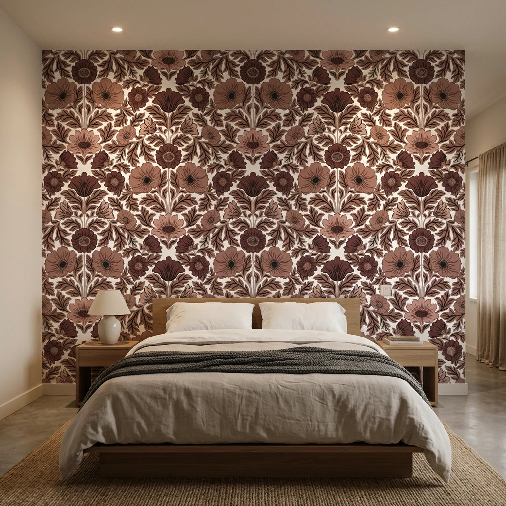 Merlot Garden rich burgundy floral damask wallpaper adding character to a cozy bedroom