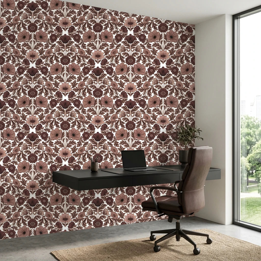 Merlot Garden rich burgundy floral damask wallpaper as a feature wall in a bright home office