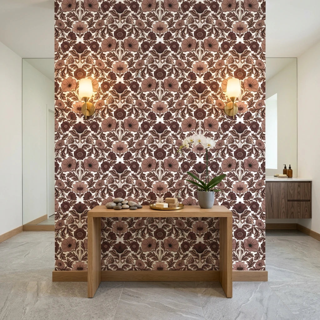 Merlot Garden rich burgundy floral damask wallpaper creating ambiance in a serene bathroom