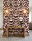 Merlot Garden rich burgundy floral damask wallpaper creating ambiance in a serene bathroom