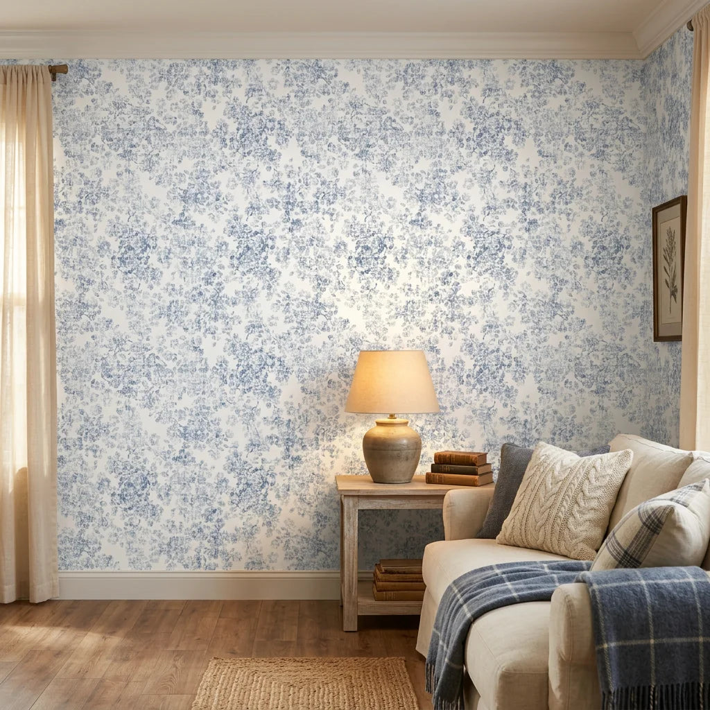 Blue and white Midnight Bloom Drift peel and stick wallpaper in cozy bedroom with natural lighting