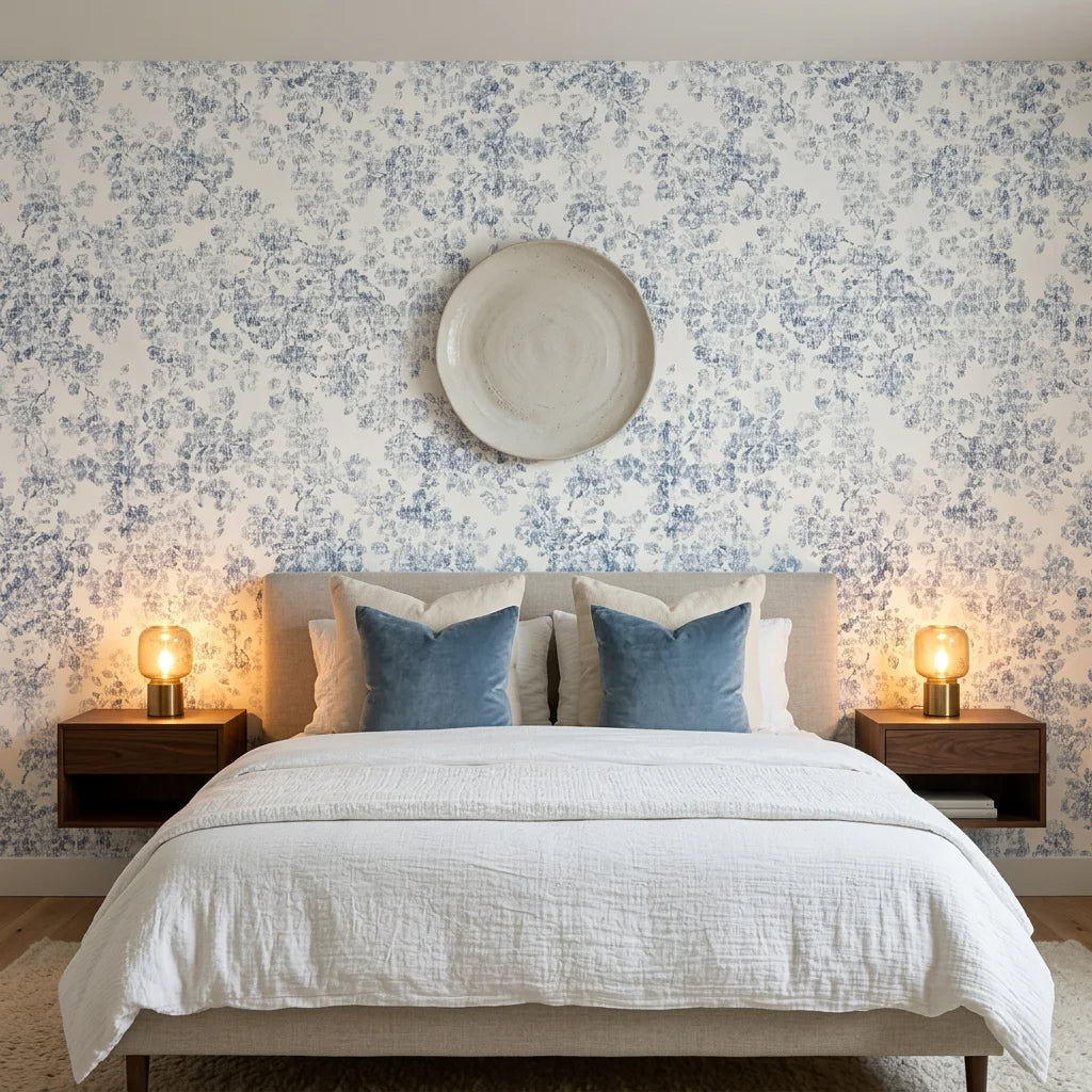 Blue and cream Midnight Bloom Drift wallpaper with distressed floral pattern in serene bedroom setting