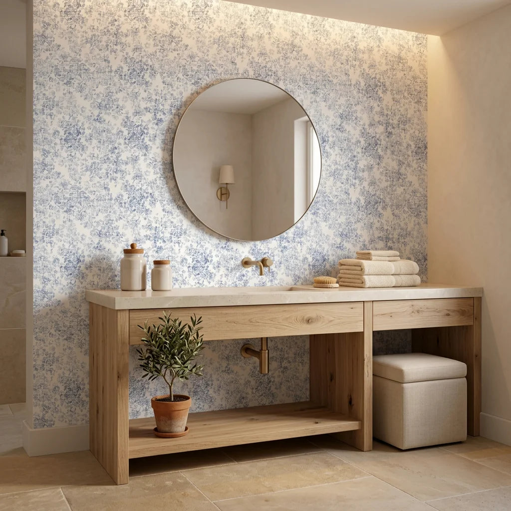 Blue and cream Midnight Bloom Drift peel and stick wallpaper in serene spa bathroom with natural light