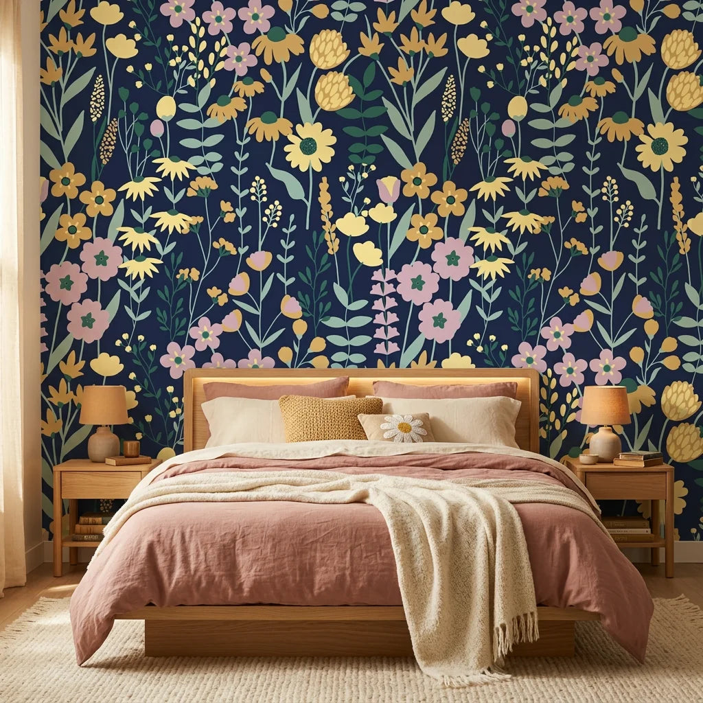 Navy blue Midnight Bouquet wallpaper with yellow daisies and pink florals behind modern bedroom with blush bedding