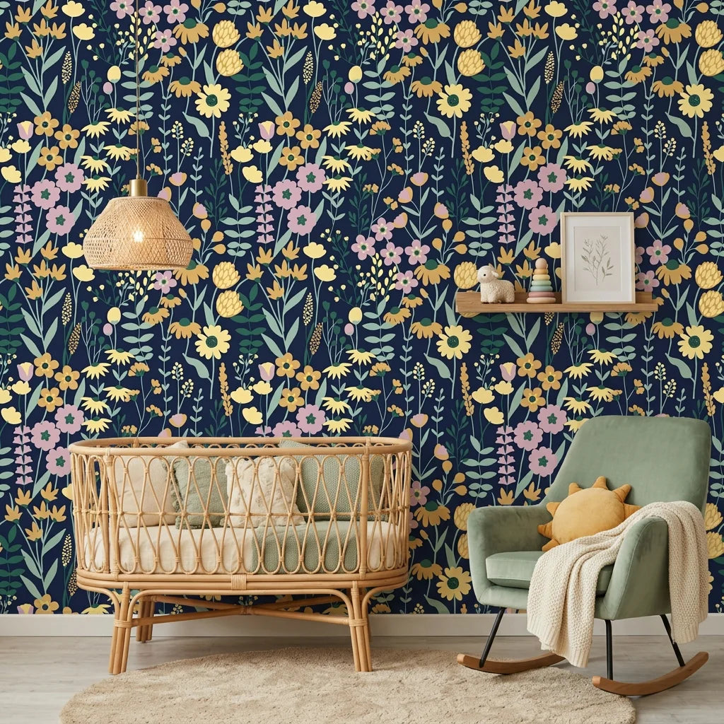 Textured navy Midnight Bouquet wallpaper with yellow, pink, and green wildflowers in modern nursery setting
