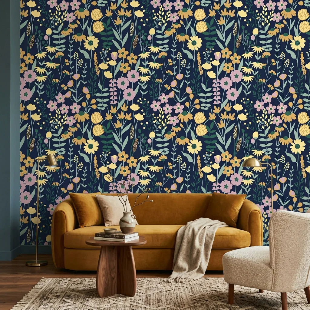 Midnight Bouquet removable wallpaper on living room wall with yellow daisies and pink florals on navy background
