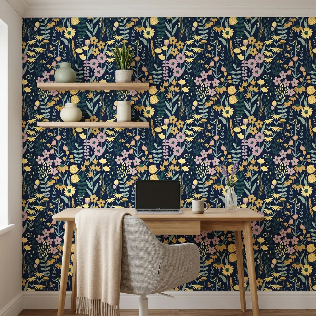 Navy blue Midnight Bouquet peel and stick wallpaper with yellow daisies and pink flowers in home office setting