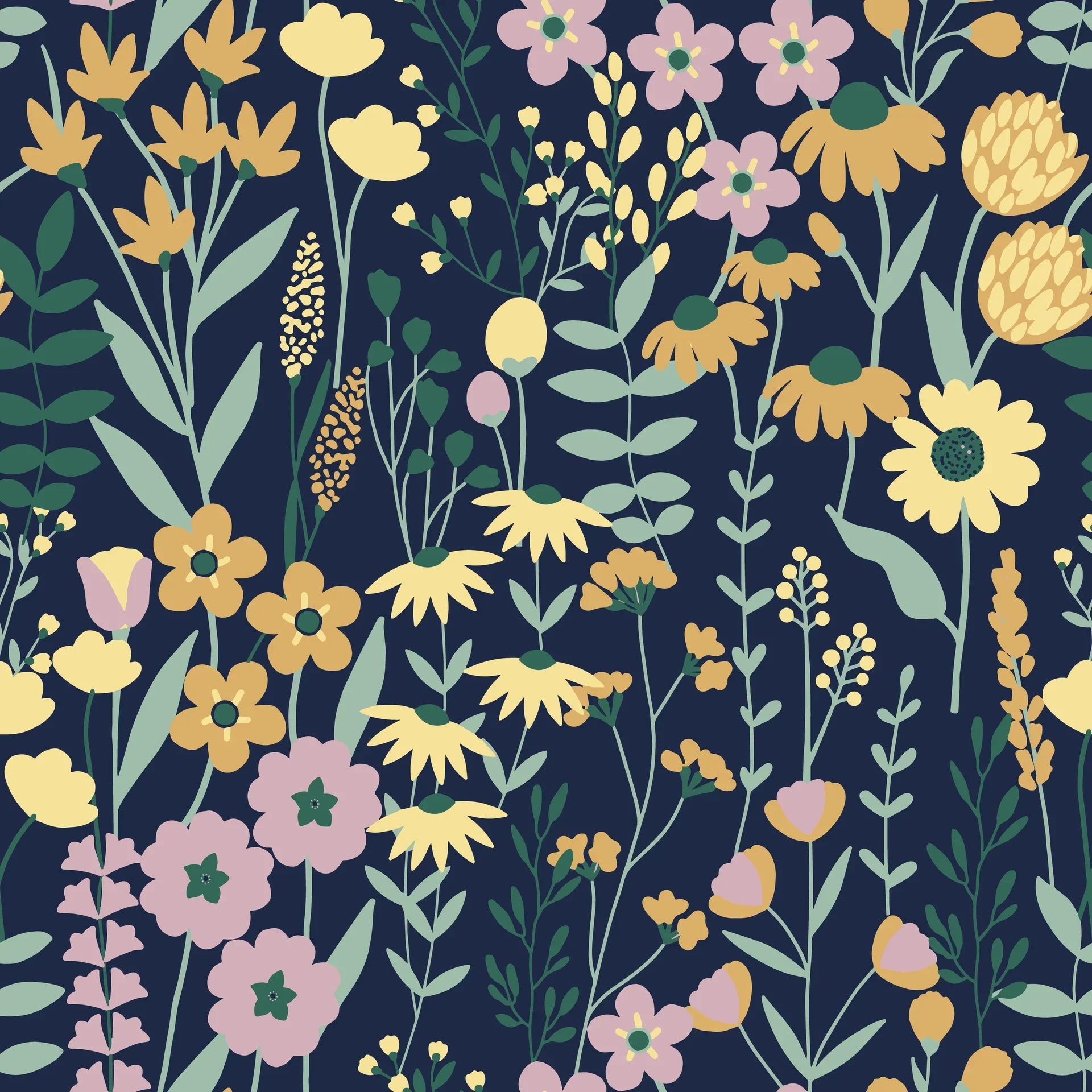 Modern Midnight Bouquet wallpaper featuring yellow daisies and pink blooms on navy peel and stick background