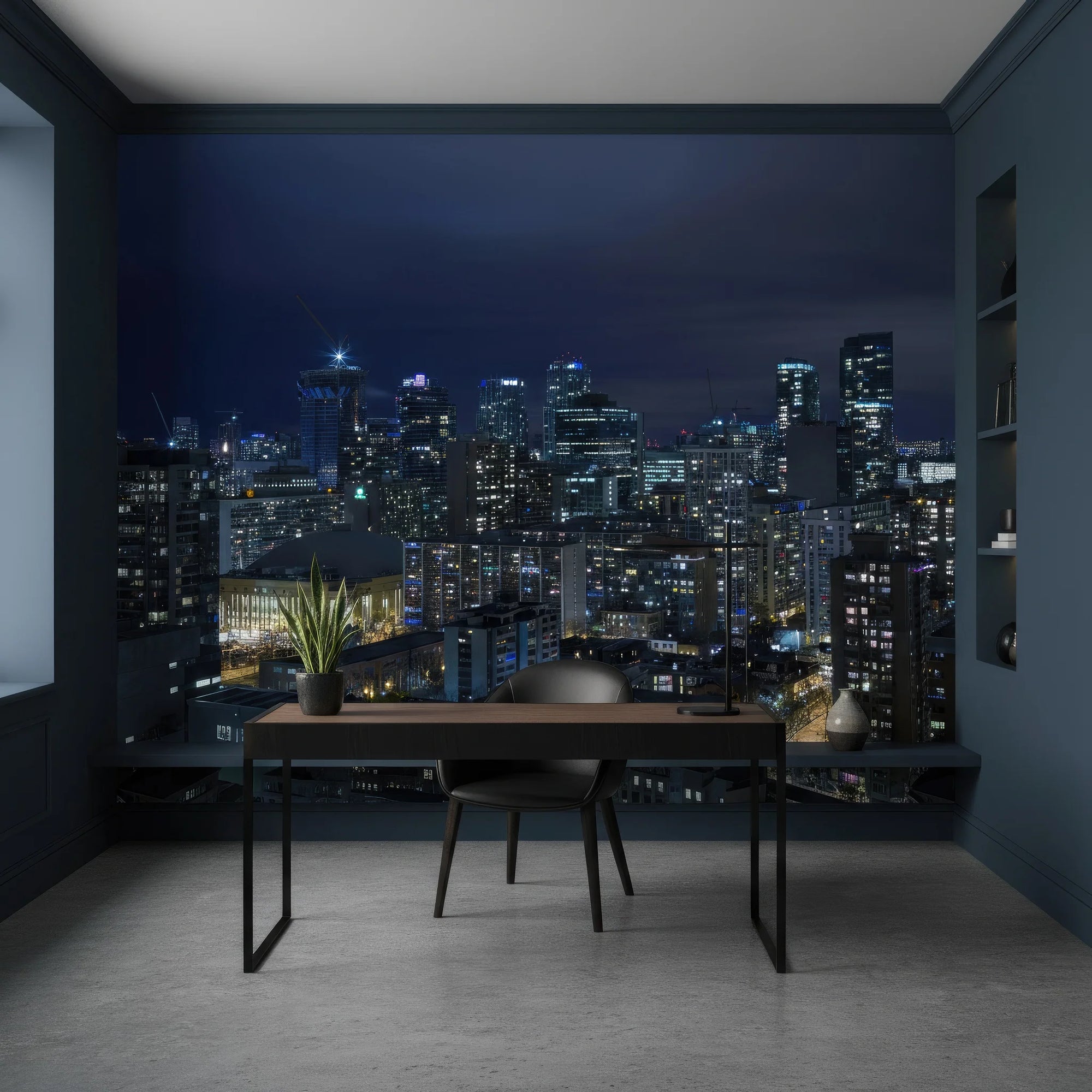 Night cityscape wallpaper mural featuring illuminated skyscrapers in deep blue tones for modern home office