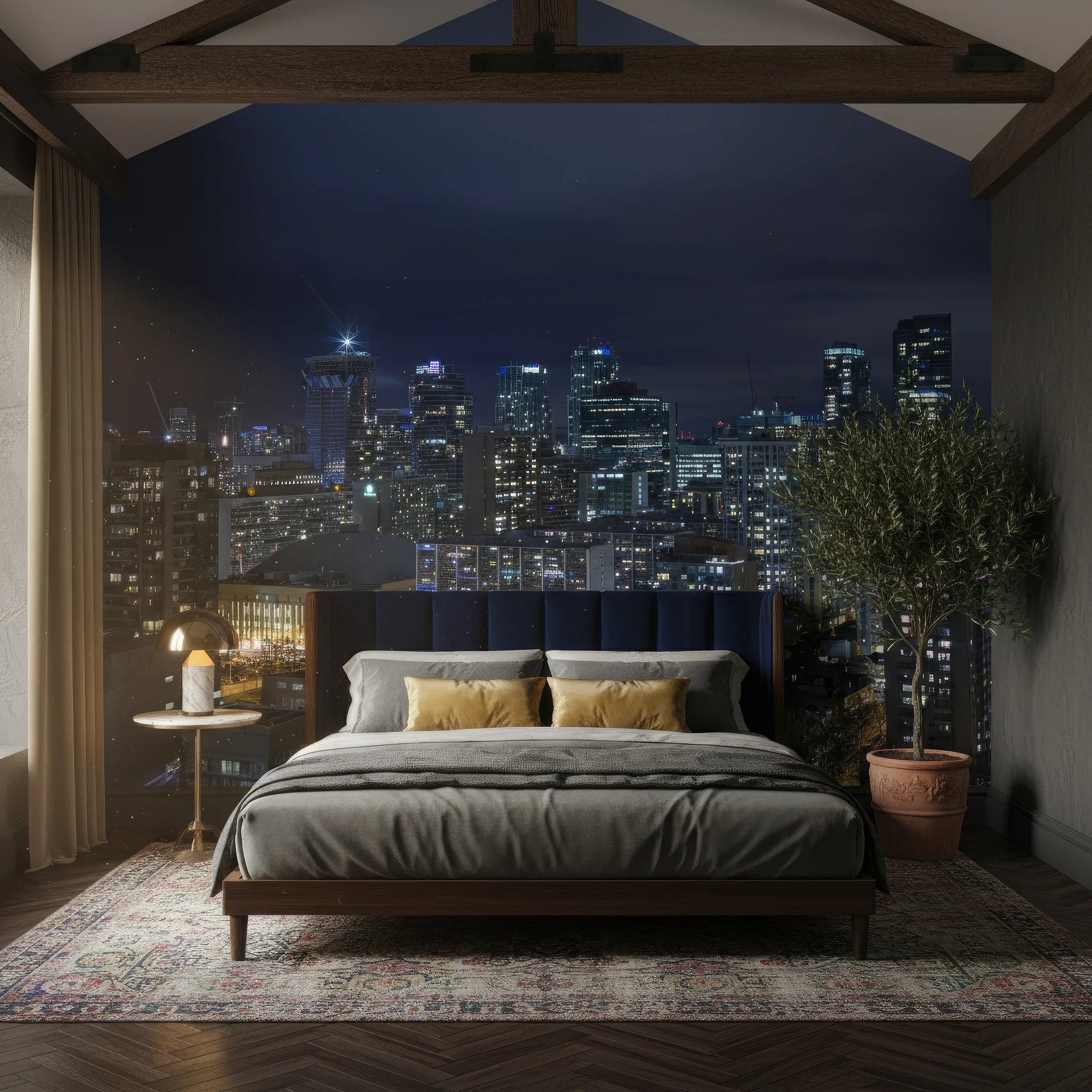Midnight Constellation cityscape wallpaper on bedroom accent wall showing illuminated buildings against twilight sky