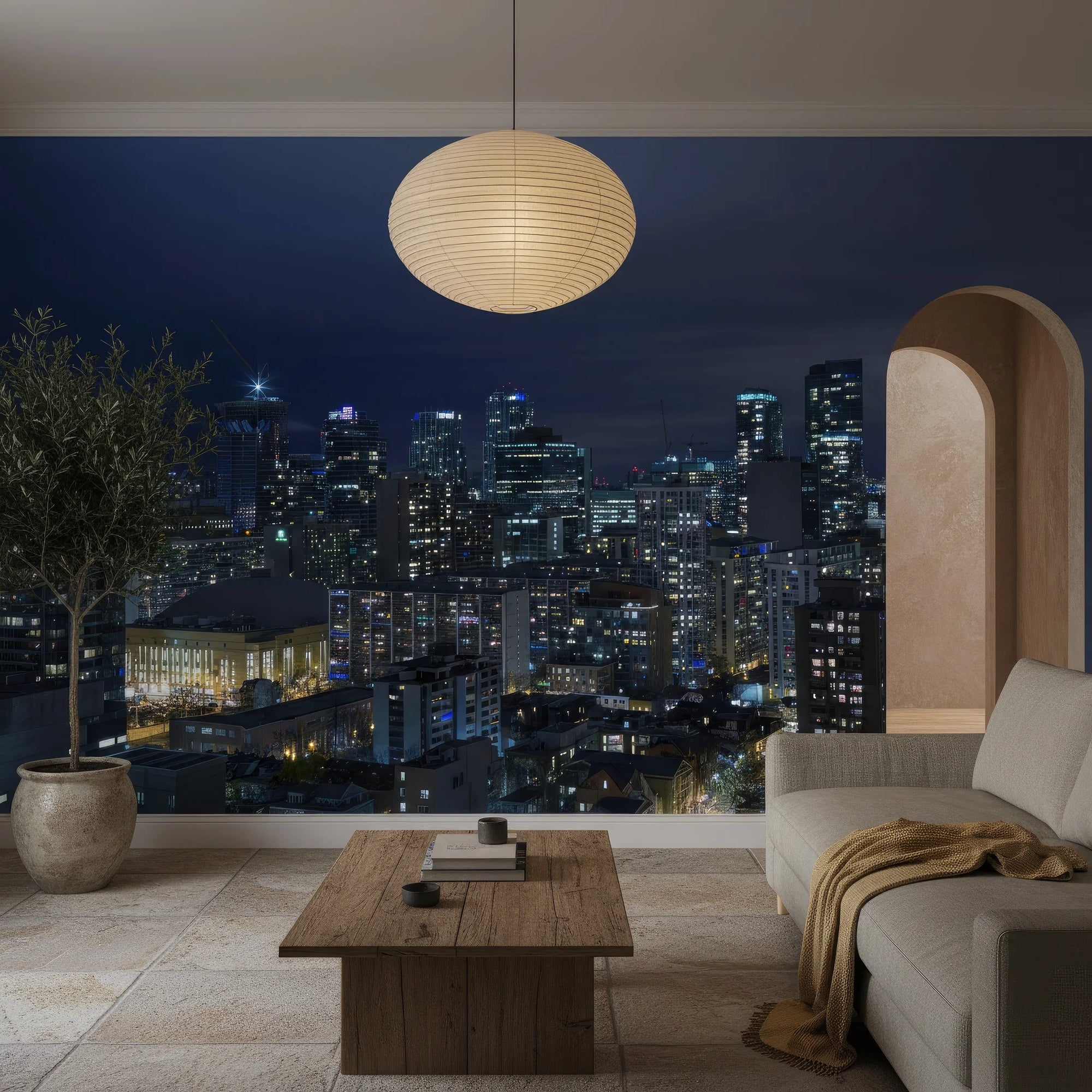 Navy blue city skyline Midnight Constellation wallpaper with illuminated buildings at night
