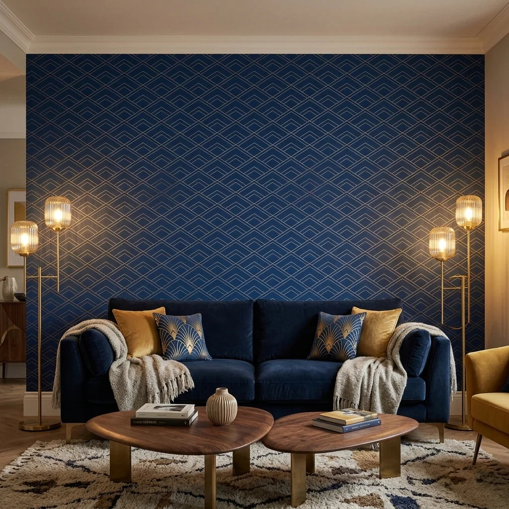Midnight Crossing bold navy and gold geometric wallpaper creating ambiance in a serene bathroom