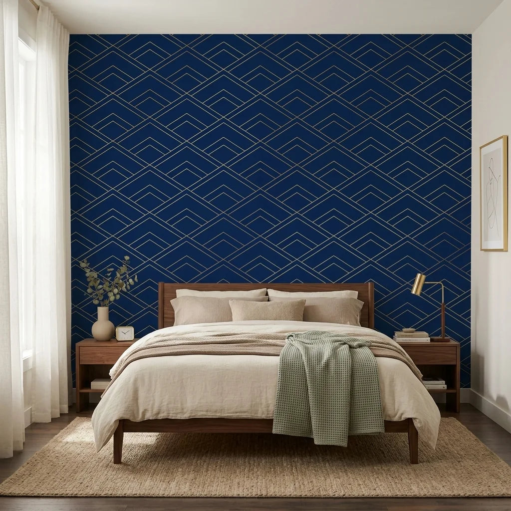 Midnight Crossing bold navy and gold geometric wallpaper in a warm and inviting living room