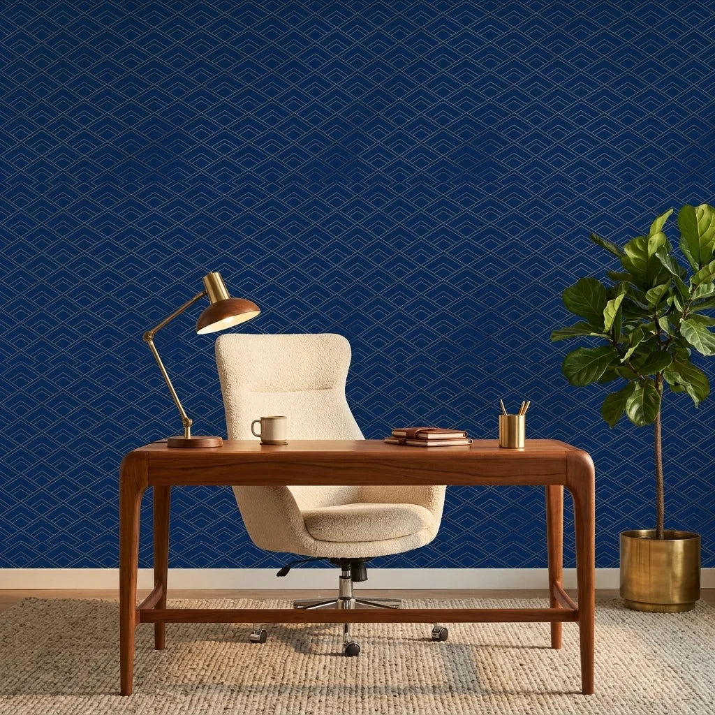 Midnight Crossing bold navy and gold geometric wallpaper adding character to a cozy bedroom