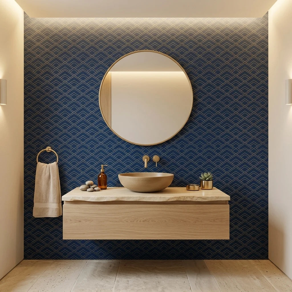 Midnight Crossing bold navy and gold geometric wallpaper as a feature wall in a bright home office