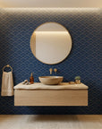 Midnight Crossing bold navy and gold geometric wallpaper as a feature wall in a bright home office