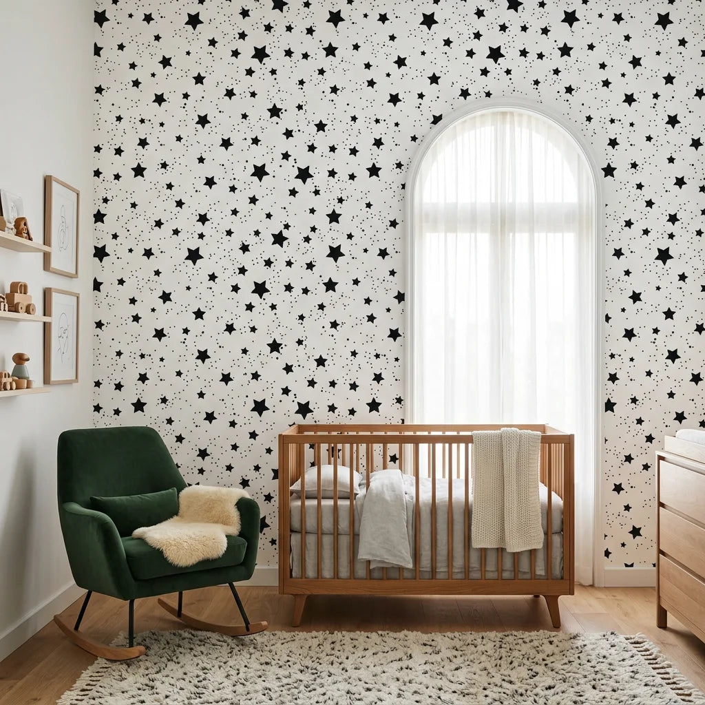 Midnight Dust white with black star pattern wallpaper in a warm and inviting living room